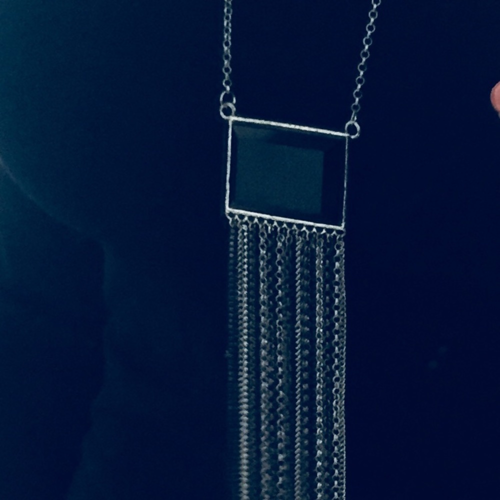 Black Stone Pendent Fringe Statement Necklace - image 4